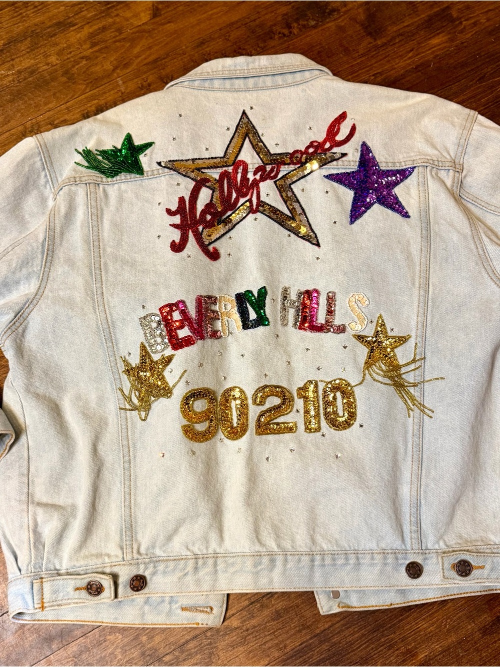 Vintage Style Beverly Hills 90210 Patchwork Denim Jean Jacket L Sequin Studded